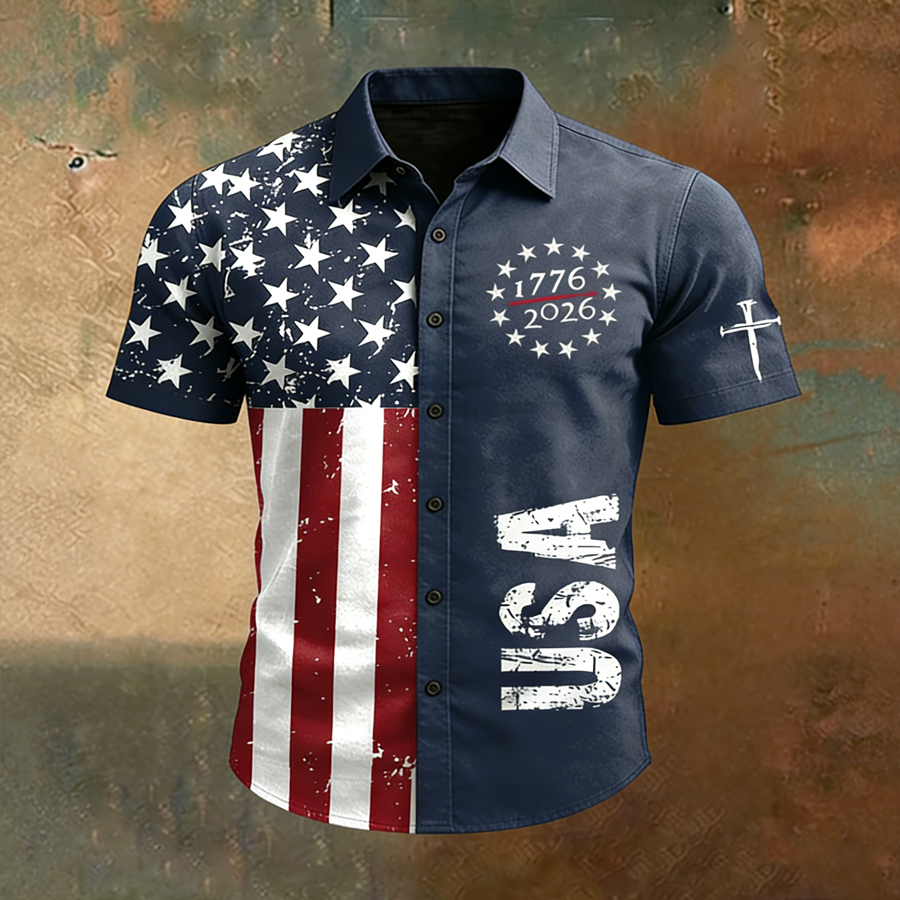 Men'S Flag Printed Casual Button Up Shirt