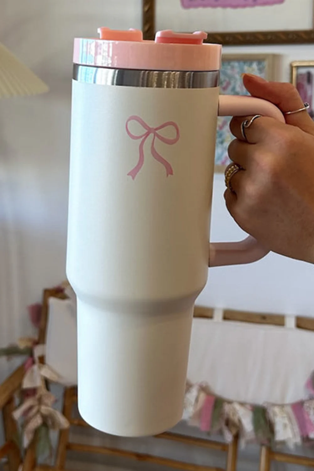 Light Blue Bow Knot Color Block Handle Tumbler 40Z