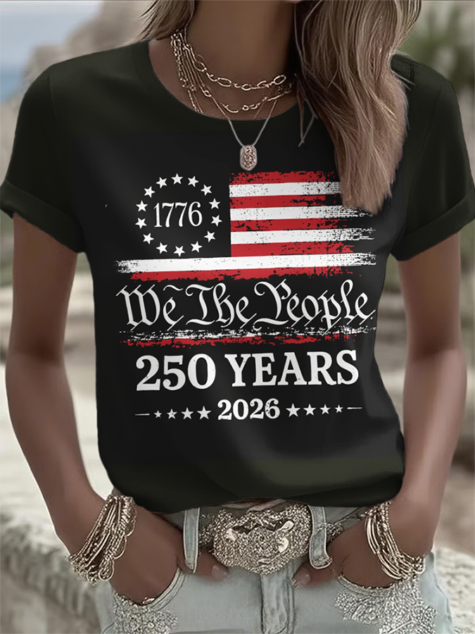 Ladies' Casual American 1776-2026 Anniversary Celebration Print Round Neck T-Shirt