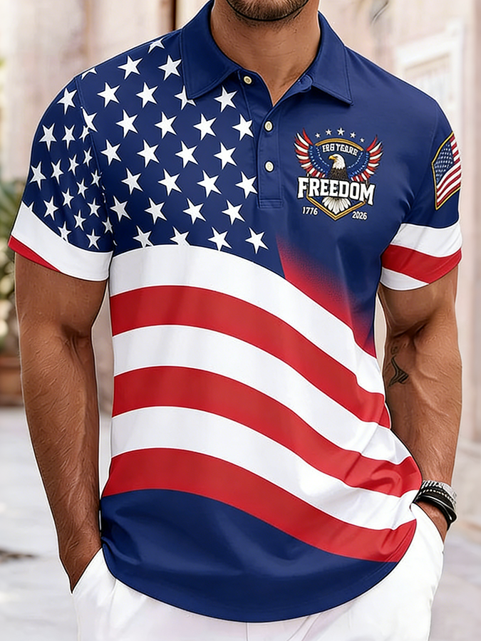 Men'S Casual American Flag Eagle Personalized Printed Short Sleeved Polo Shirt
