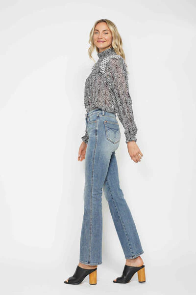 Blue Full Size Tummy Control Back Embroidered Pocketed Bootcut Jeans - Multiple Lengths