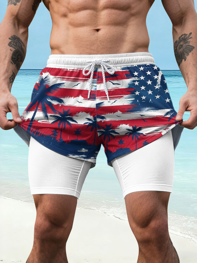 Men'S Independence Day Celebration Printed Pattern Beach Vacation Slimming Double Layer Sports Elastic Band Quick Drying Breathable Shorts