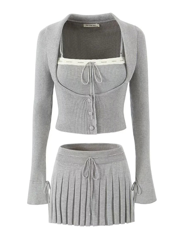 Lapel Long-Sleeved Jacket Spaghetti Strap Pleated Mini Skirt