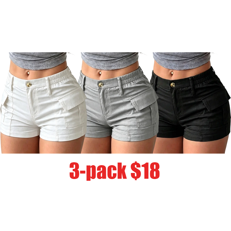 Women's 3-Pack Summer Cargo Shorts – Multi-Pocket Trousers with Side Pockets & Button Waist, Stylish Versatile Casual Shorts