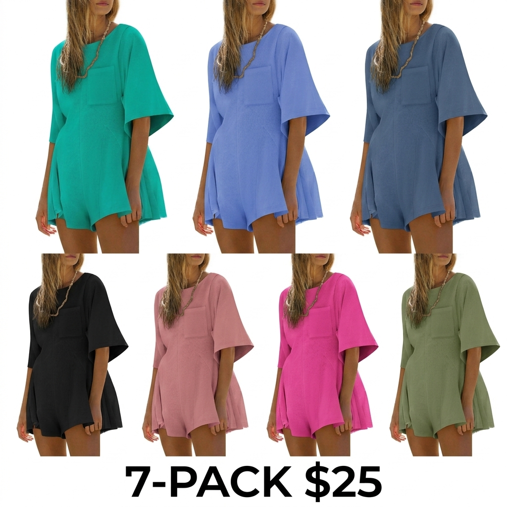Women's Short Sleeve Loose Jumpsuit – Casual Crew Neck Romper with Pockets