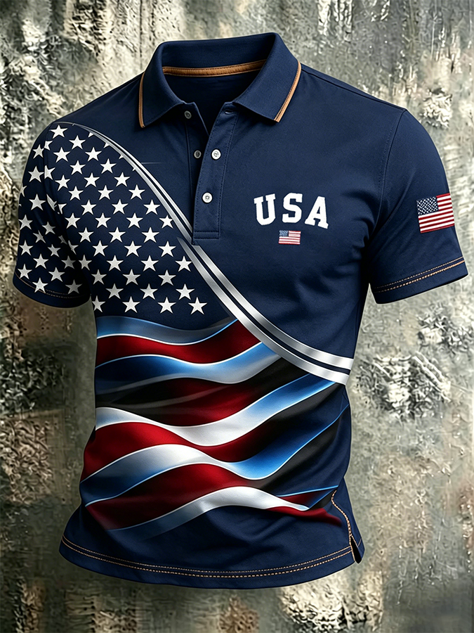 Men'S Casual USA Commemorative Printed Polo Shirt