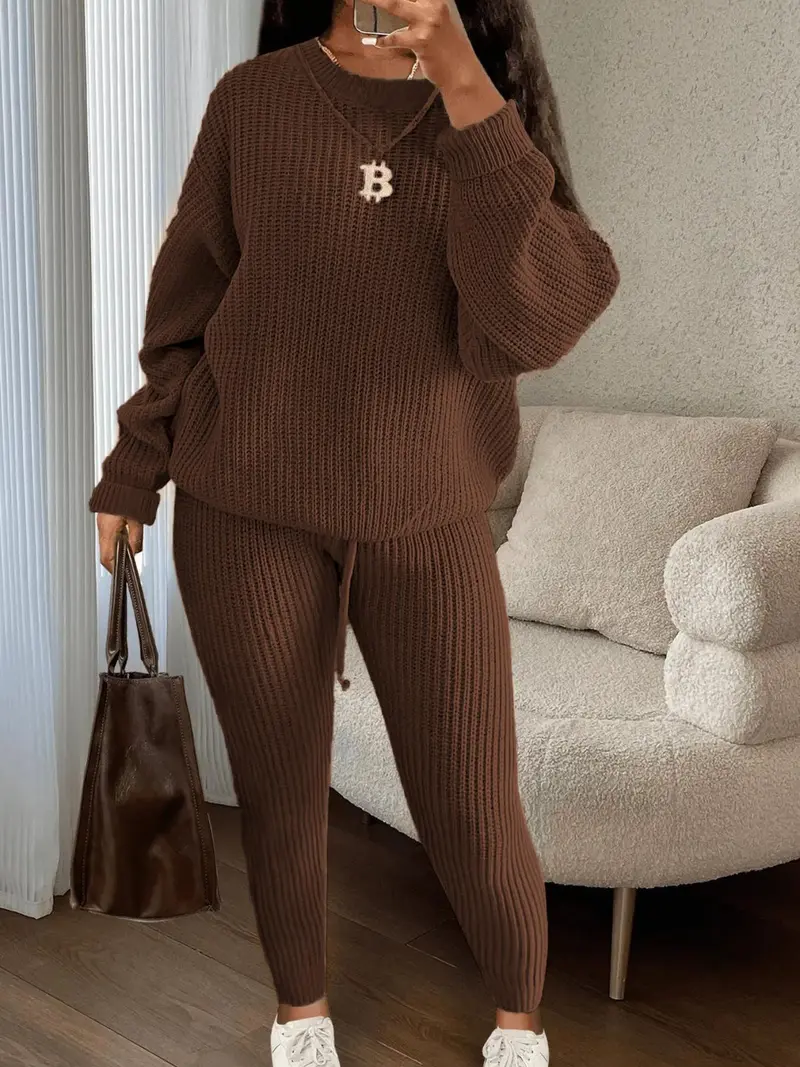 🔥Women's Solid Round Neck Drop Shoulder Sweater & Drawstring Waist Pants Knit Set, Casual Cozy Knitwear for Daily Outdoor Wear, Ladies Fall & Winter Outfits, Women's 2 Pcs Sweater Set