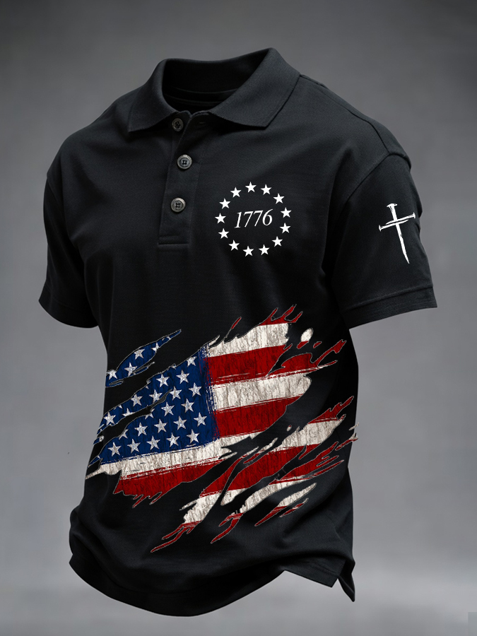 Men'S Retro American Flag Independence Day Print Casual Polo Shirt