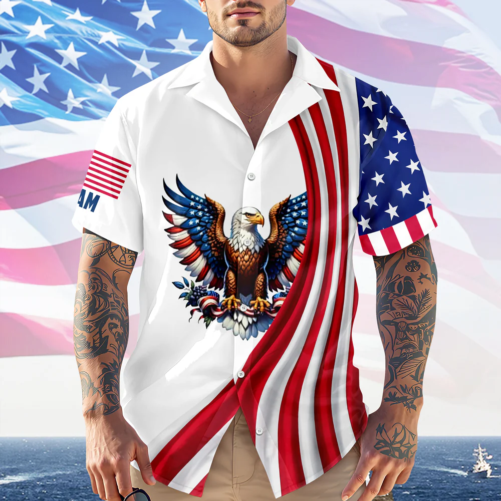 Men'S Casual American Flag Eagle Ribbon Art Printed Shirt