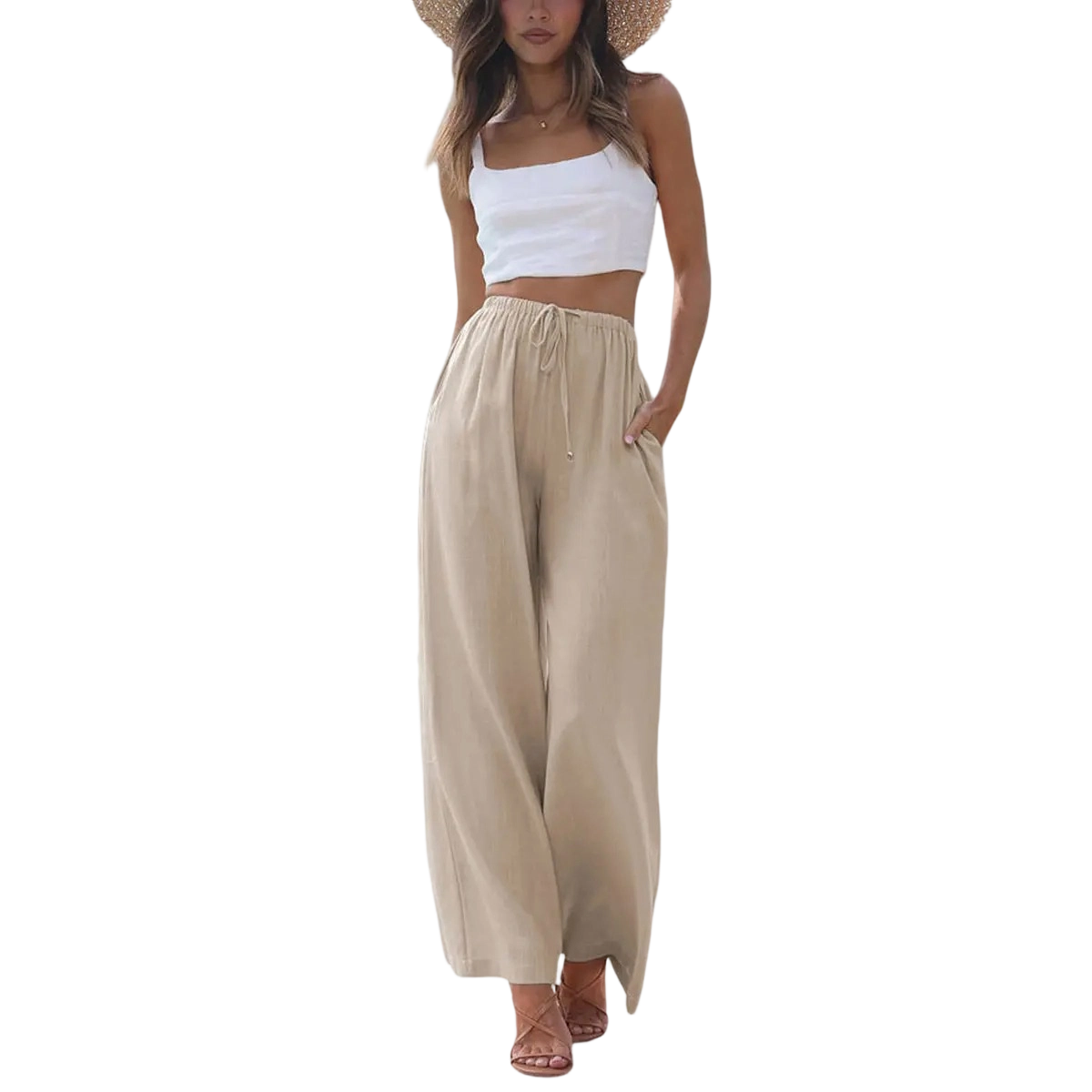 Women's Cotton Linen Summer Palazzo Pants Flowy Wide Leg Beach Trousers with Pockets Casual Womenswear