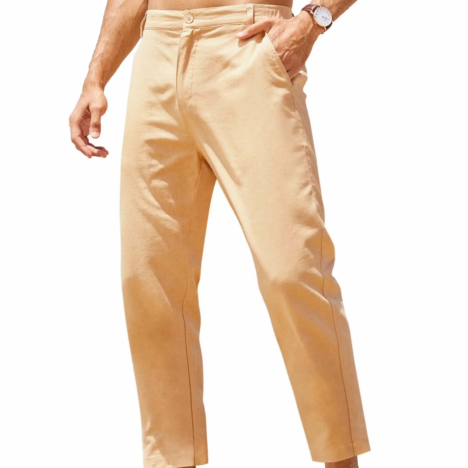 Men’s Lightweight Cotton Linen Pants – Elastic Waist Casual Beach Trousers