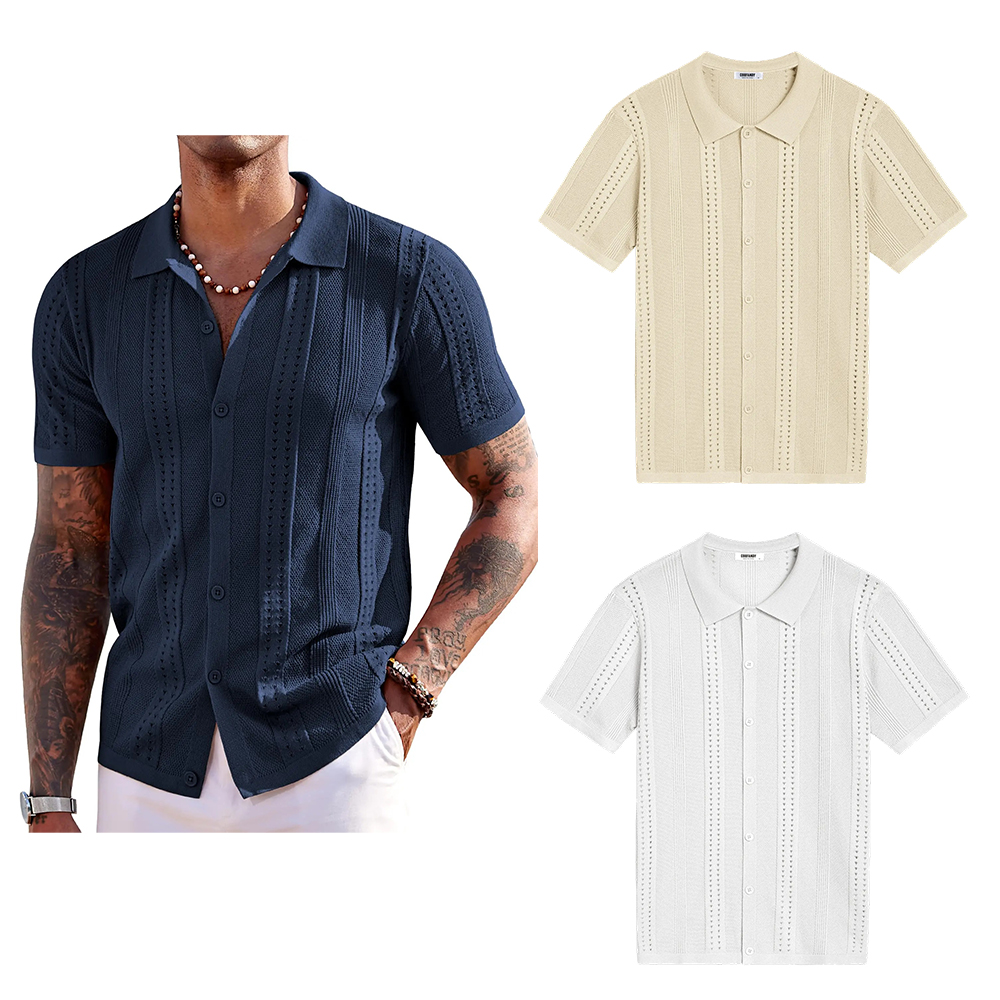 Men's Knit Shirts Short Sleeve Button Down Polo Shirt Fashion Casual Summer Beach Shirts Menswear Top