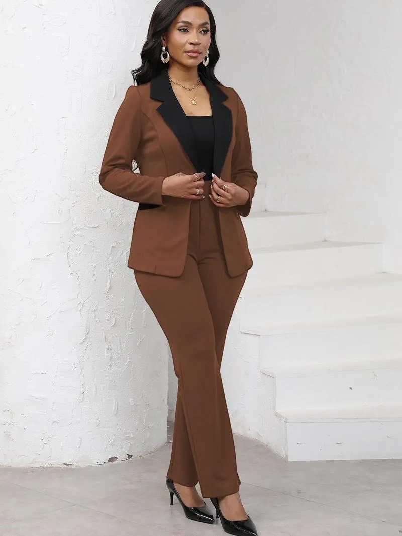 Women's Colorblock Blazer & Straight Leg Pants Set, Elegant Two-piece Set for Work Office Business, Ladies' Suits for All Seasons