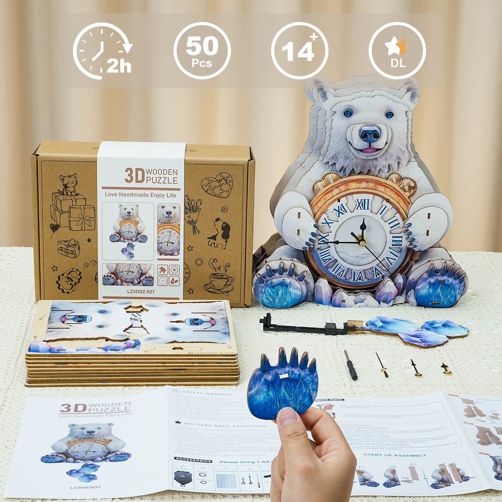 Polar bears– DIY Wooden Clock, 3D Puzzle Craft Kit