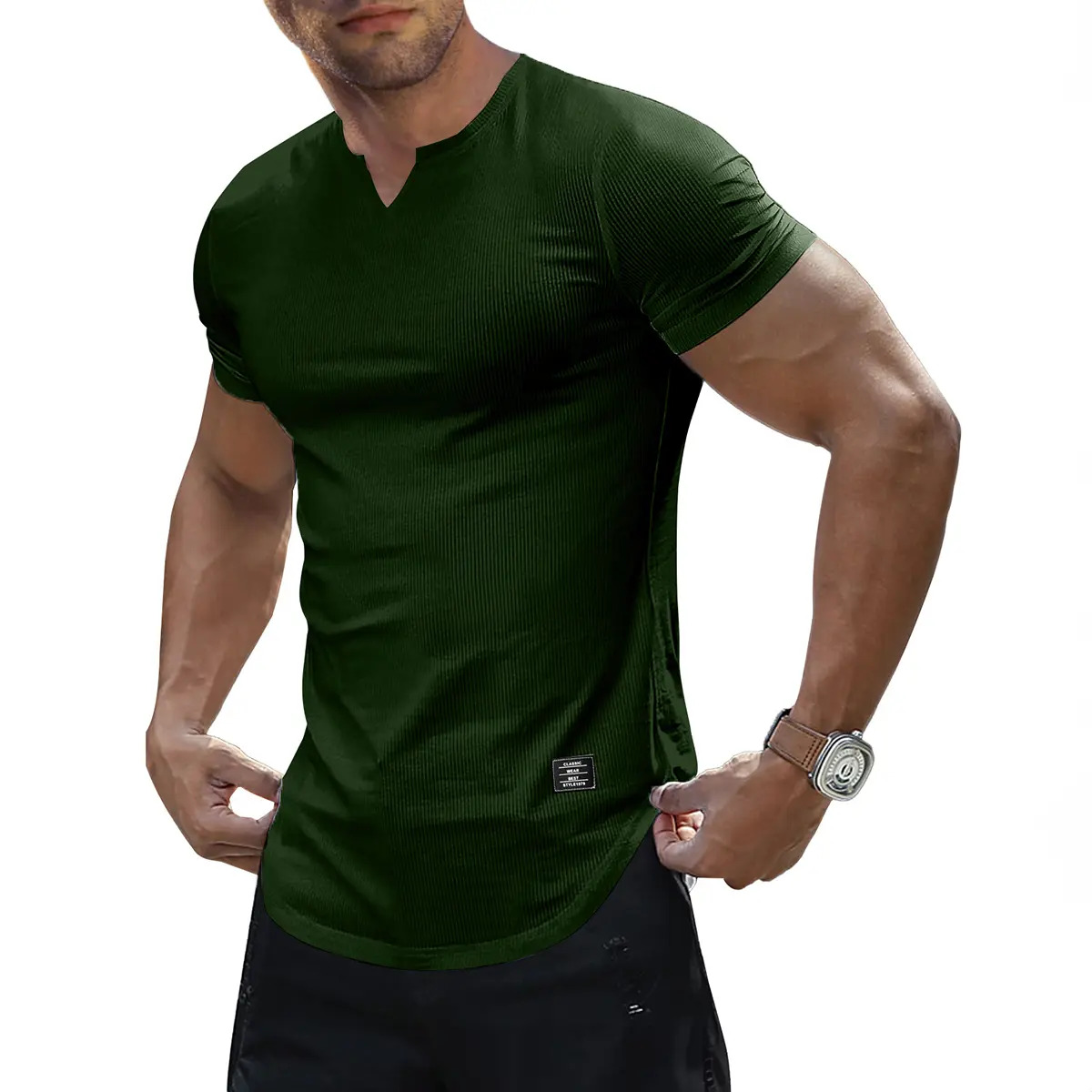 Men's Solid-Color Slim-Fit Long V-Neck T-Shirt