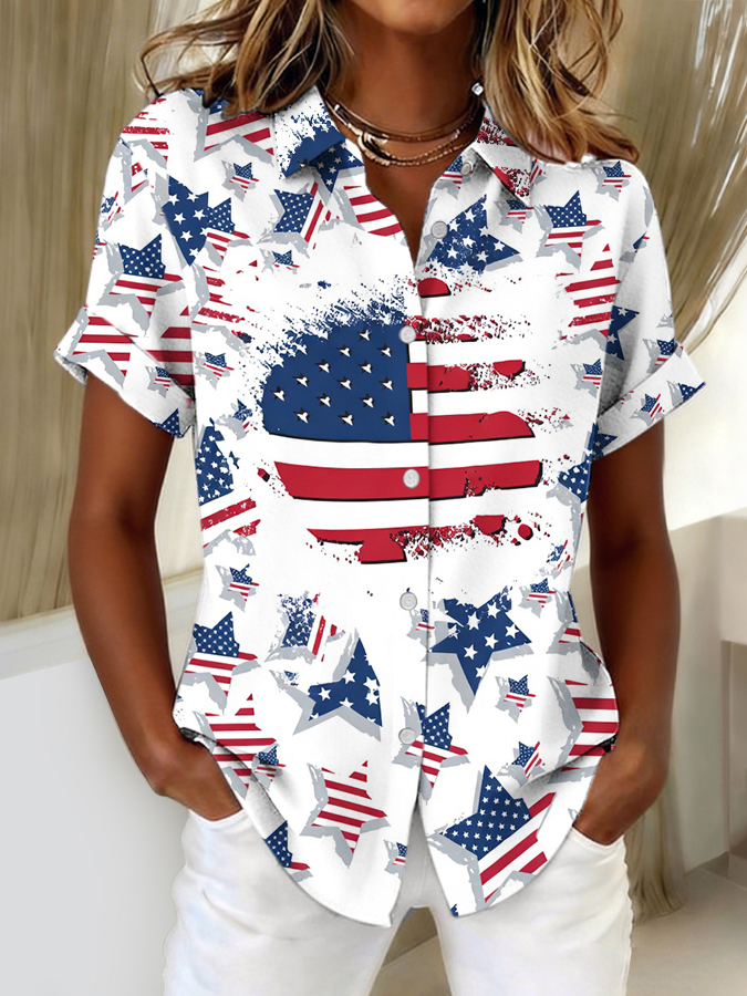 Women's Independence Day Patriotic American Flag Celebration Commemorative Cotton and Hemp Button Shirt