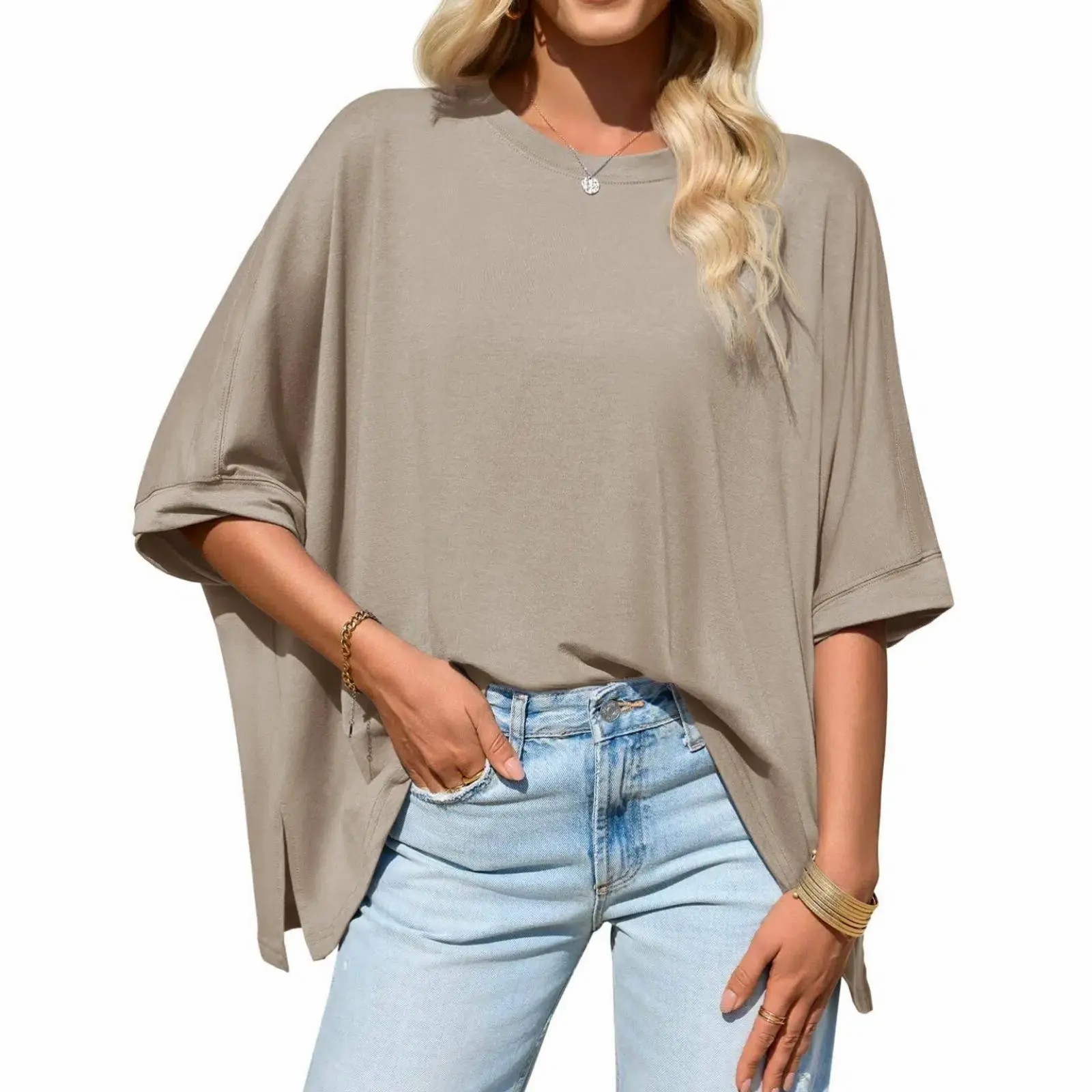 Women's Oversized Batwing Sleeve T-Shirt – Asymmetric Hem Loose Fit Tunic Top