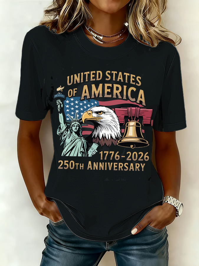 Ladies' Casual American Celebration Statue Of Liberty Short Sleeved Round Neck T-Shirt