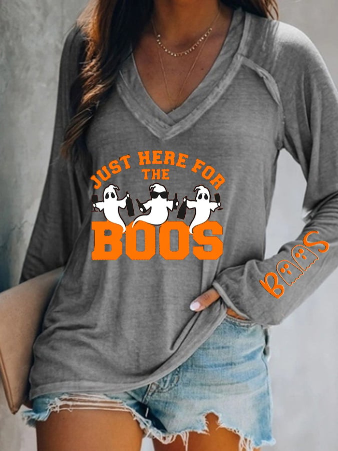 Women's Funny Halloween I’m Just Here for the Boos Printed V-Neck Long Sleeve Top