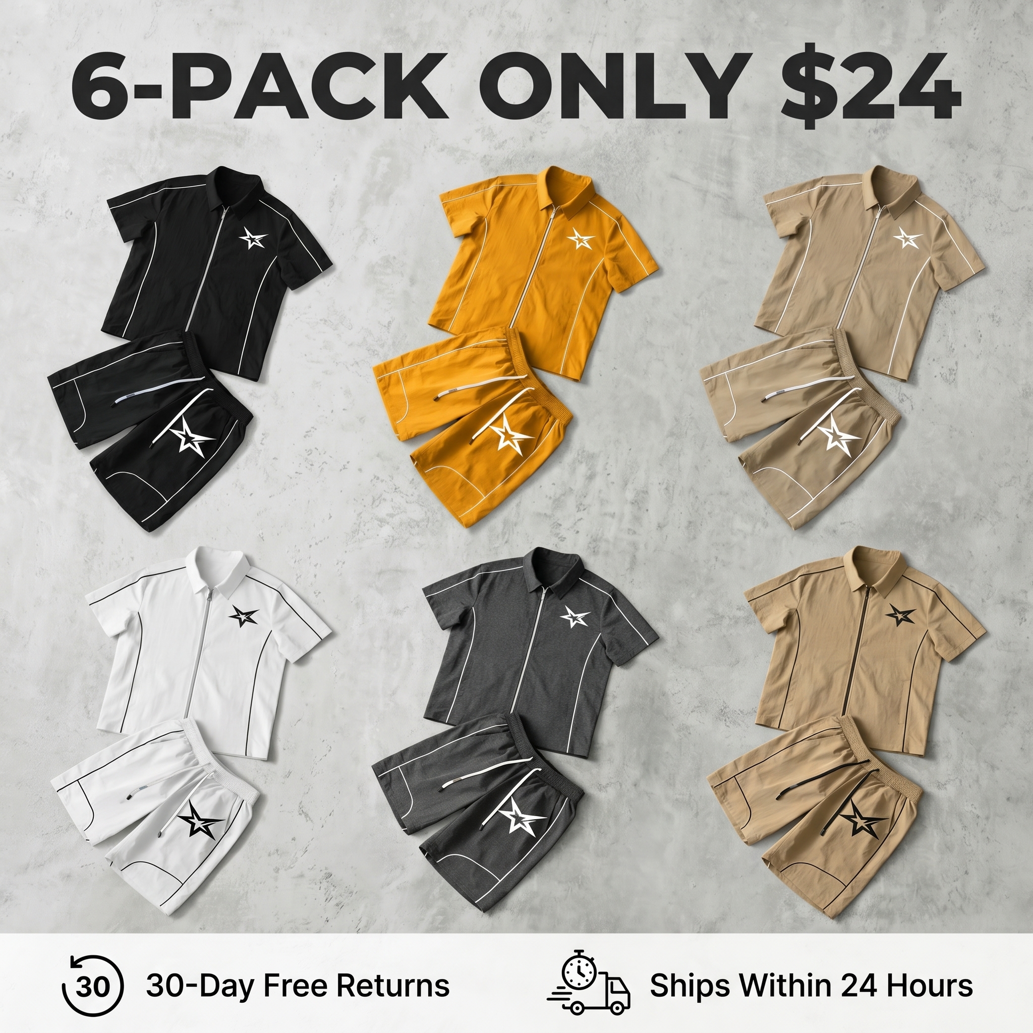 Star-Patterned Casual Set: Short-Sleeve Zip Shirt + Gym Shorts (2-Piece Set)
