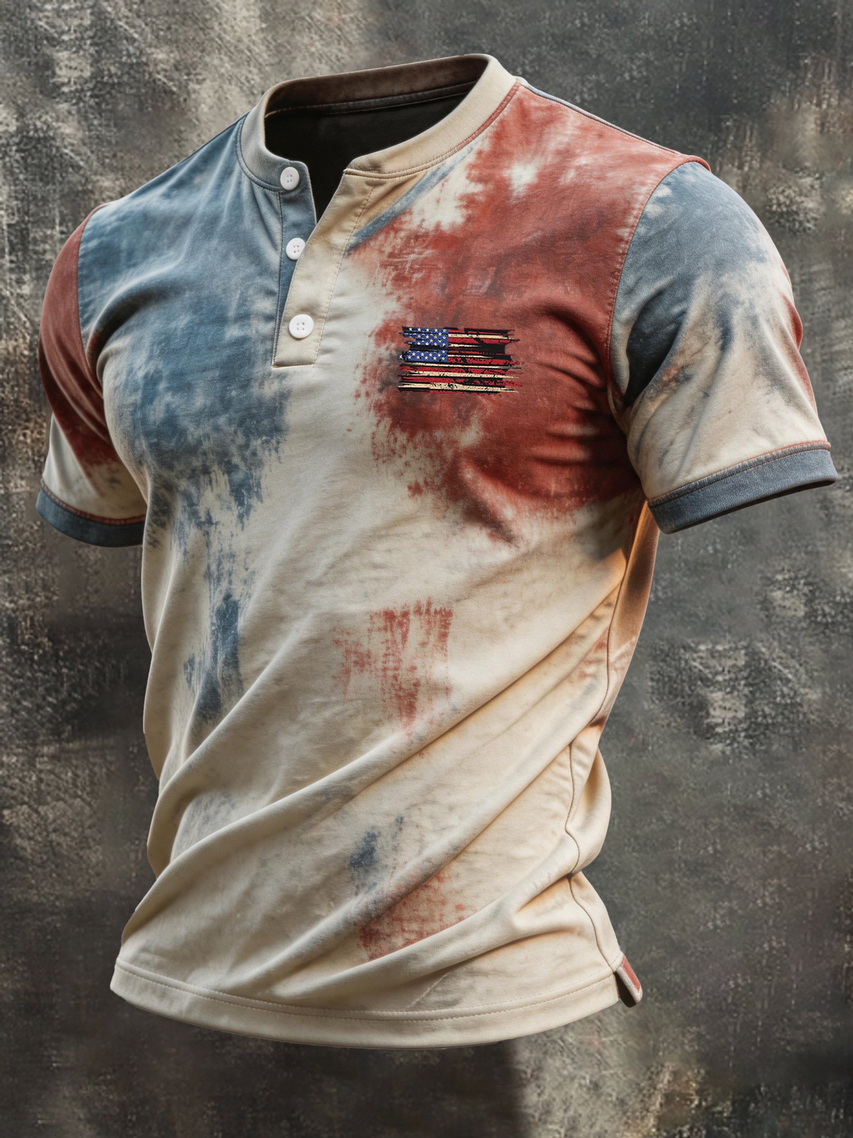Men's Retro Patriotic Color-Block Short-Sleeve Henley T-Shirt