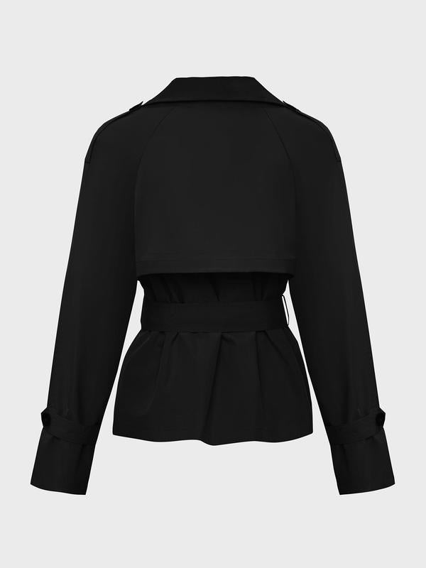 Trendy Solid Color Lapel Double Breasted Long Sleeve Trench Coat, Jackets
