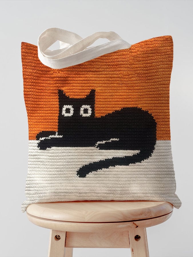 Black cat print canvas bag