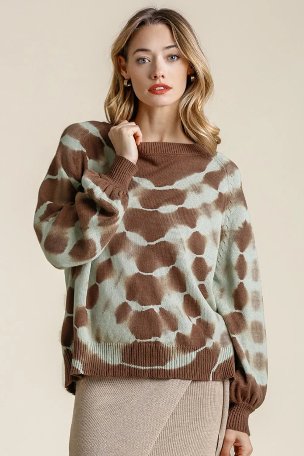 Full Size Ribbed Hem Tie Dye Round Neck Sweater Plus Size
