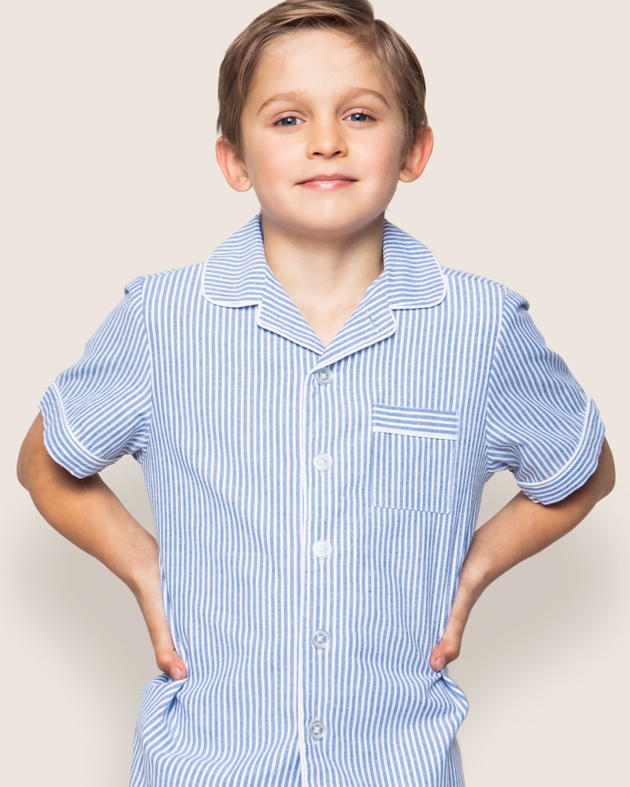 Kid's Twill Pajama Short Set in French Blue Heritage Stripe