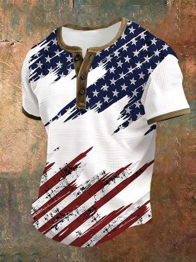 Men'S American Flag Printed Henry Collar Top
