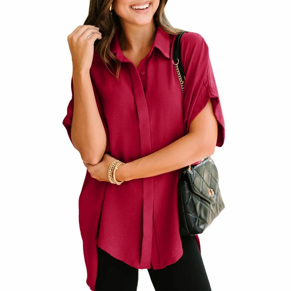 Women's Tops Dressy Casual V Neck Button Down Shirts Solid Short Sleeve Blouses