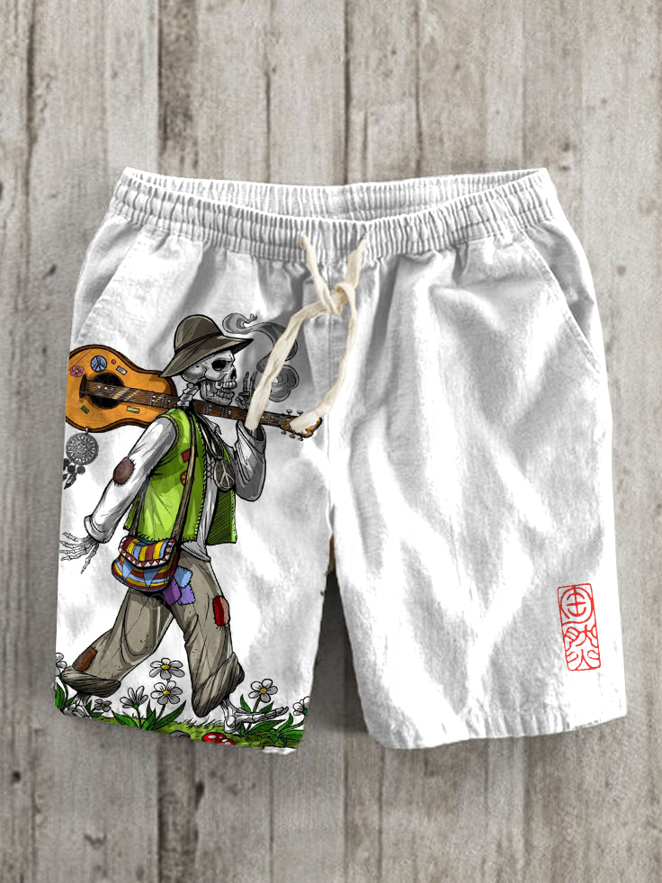Men's Retro Psychedelic Skull Guitar Natural Art Print Shorts