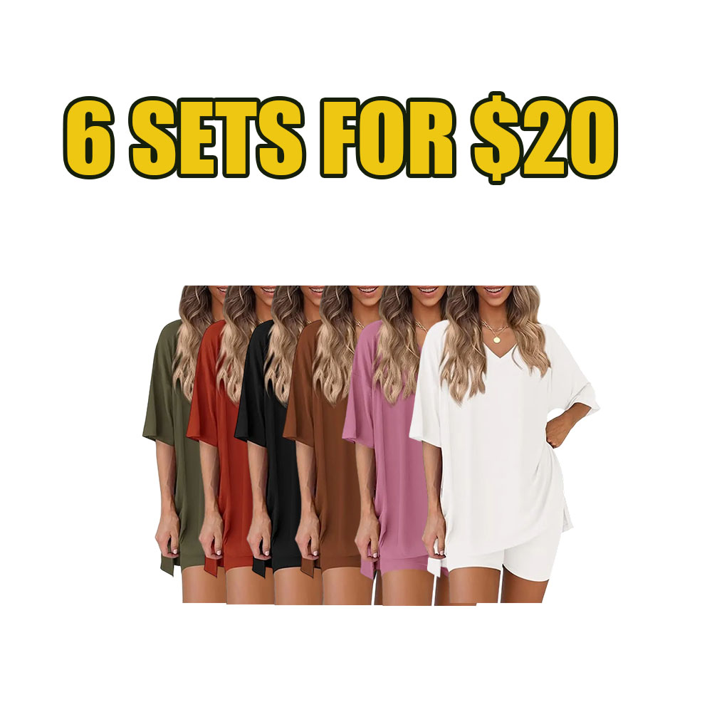 ☀️ Women’s Summer Lounge 2-Piece Set – Oversized V-Neck Top & Biker Shorts Outfit