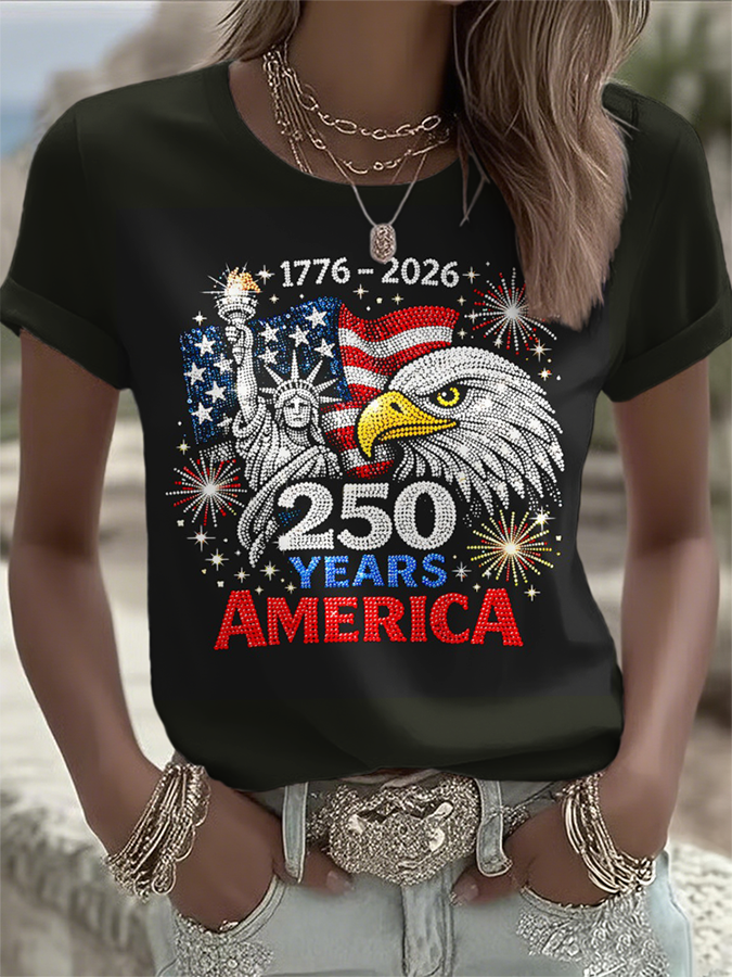 Ladies' Casual American 1776-2026 Anniversary Celebration Print Round Neck T-Shirt