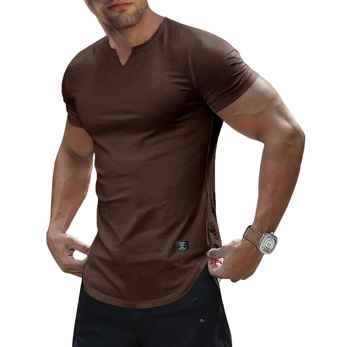 🔥Men's Plain Muscle Slim Fitted T Shirt Polyester V-Neck Longline Shirt