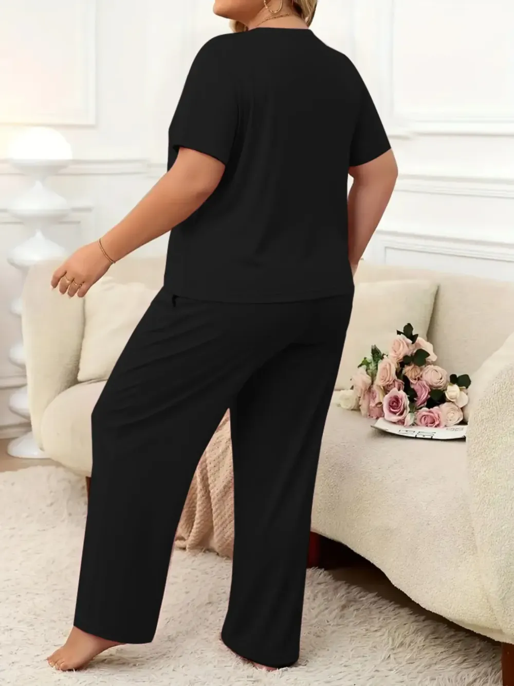 Women's Plus Size Spring Summer Fashion Print Round Neck Short Sleeve T-Shirt & Wide Leg Pants Two-Piece Set