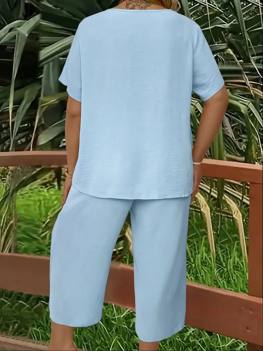 Women's Solid Color Short Sleeve Fashion Top & Casual Wide Leg Pants Set, Summer, Comfortable & Stylish