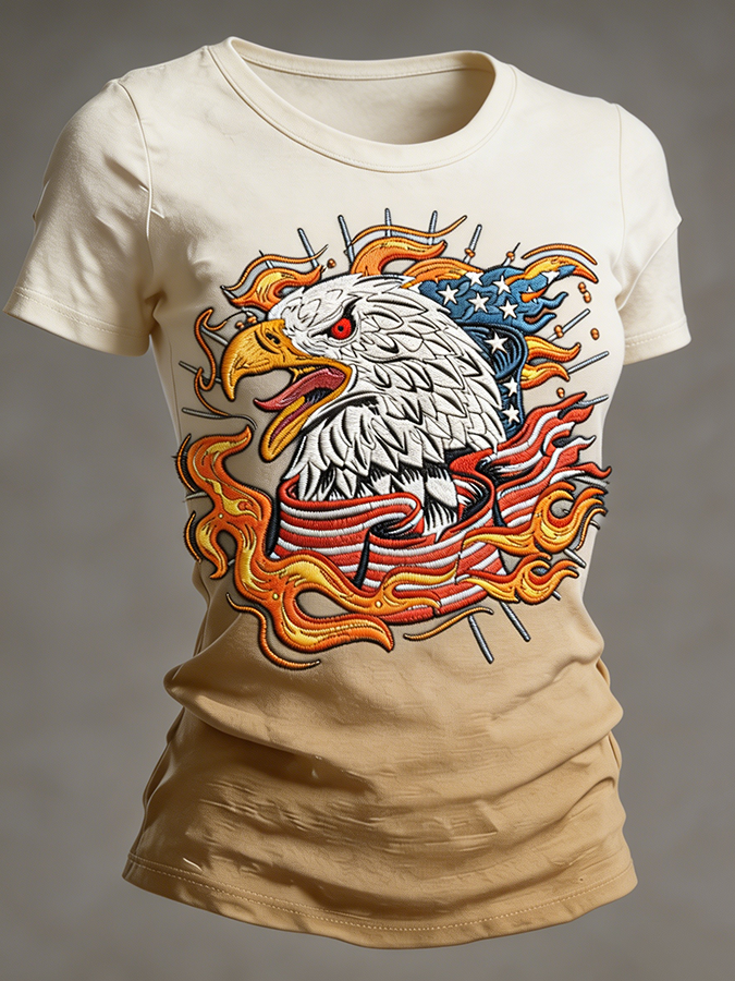 Women's Flame Bald Eagle American Flag Embroidered Gradient T-Shirt