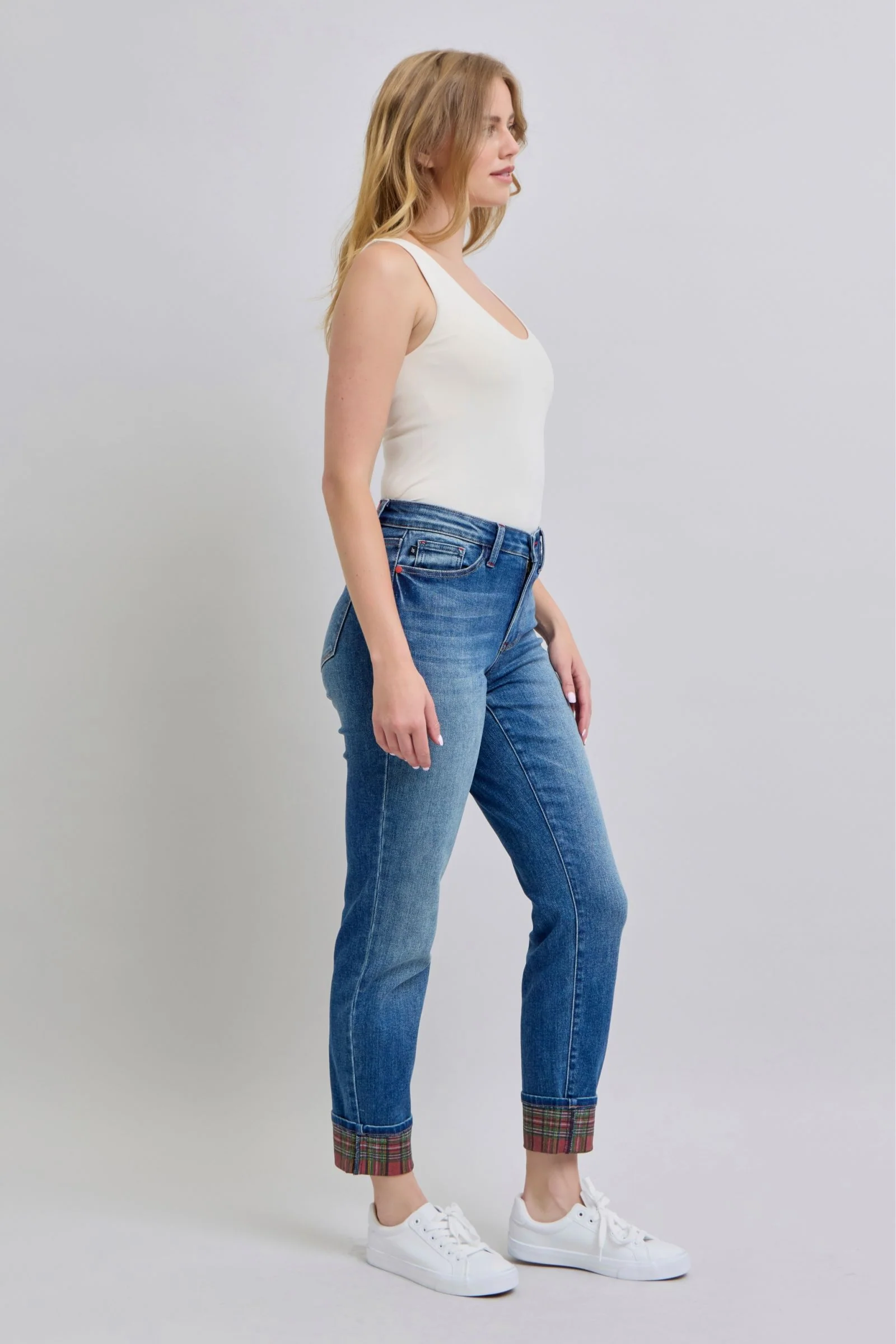 Blue Full Size Plaid Print Cuff Straight Leg Jeans with Pockets