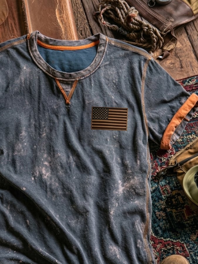 Men's Retro Patriotic Color-Block Crew Neck Short-Sleeve T-Shirt