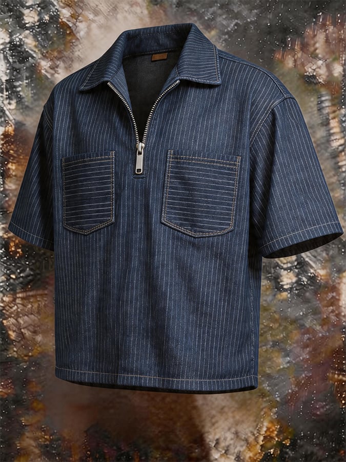 Men's Striped Denim Dual Pocket Half Zip Polo Shirt, Casual Lapel Collar Short Sleeve Loose Workwear Streetwear Top