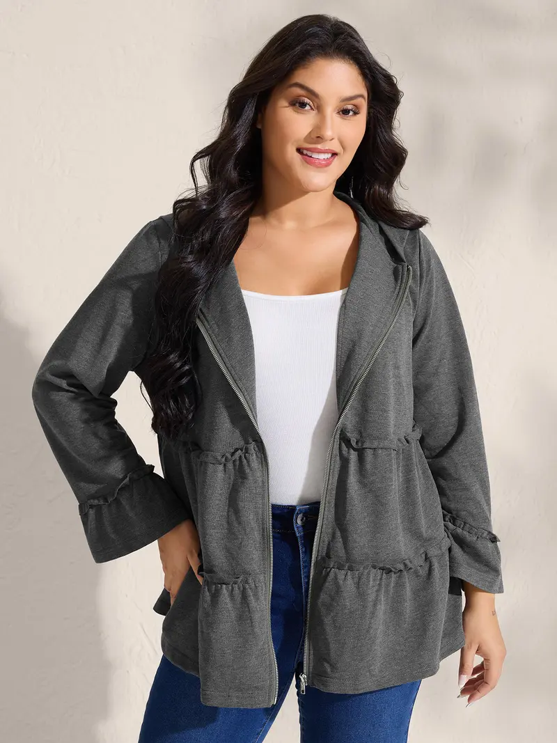 Women's Solid Dim Gray Polyester Quilted Puffer Coat - Fitted, Tiered Ruffled Edges, Zipper Closure, Pockets, Long Sleeves, Casual Clothes, Casualwear Outerwear
