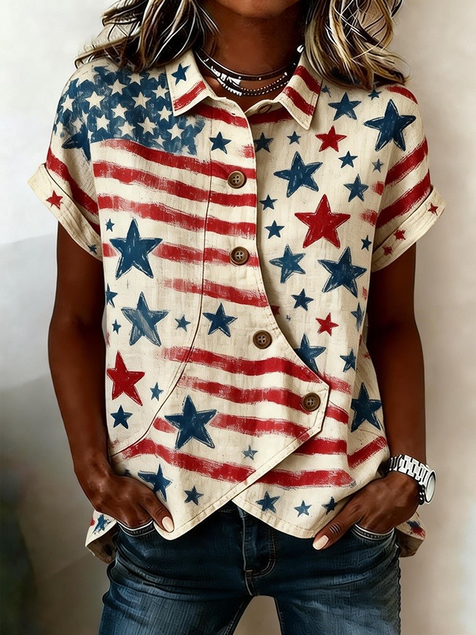 Women's Casual American Star Striped Printed Top