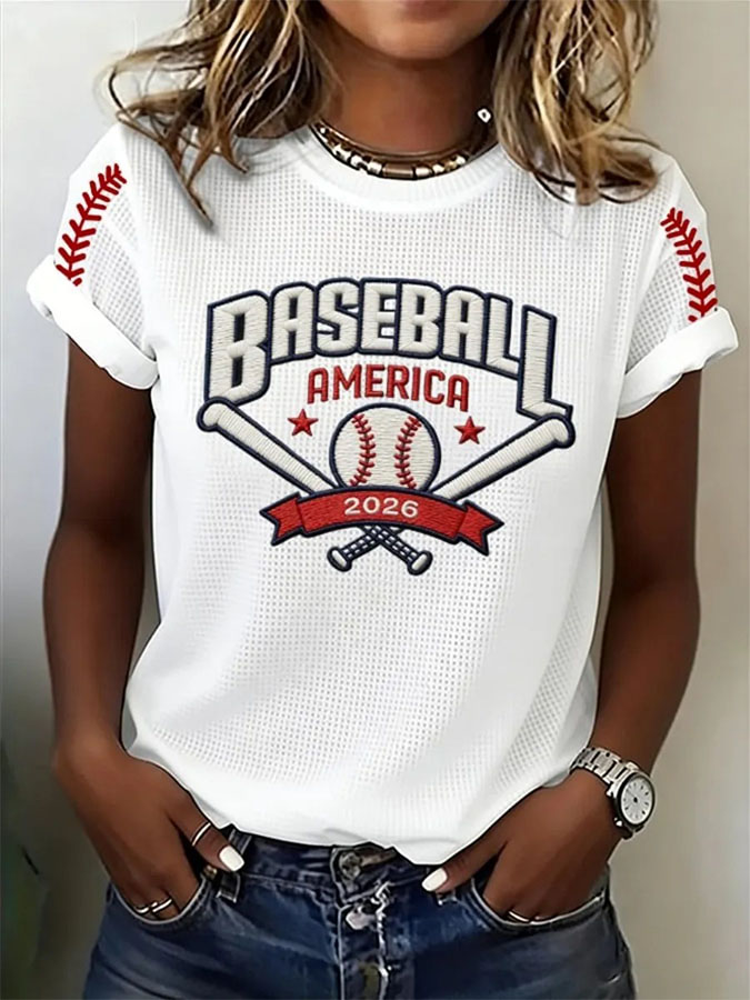 Women's Classic American Baseball Event Printed Round Neck Short Sleeve T-shirt