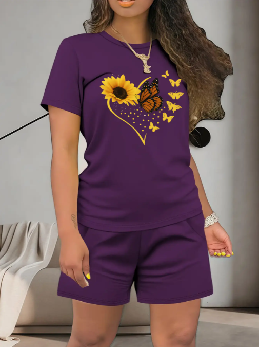 Women's Summer Casual Top & Shorts Set. Fitted Thin Lightweight Fabric Clothing