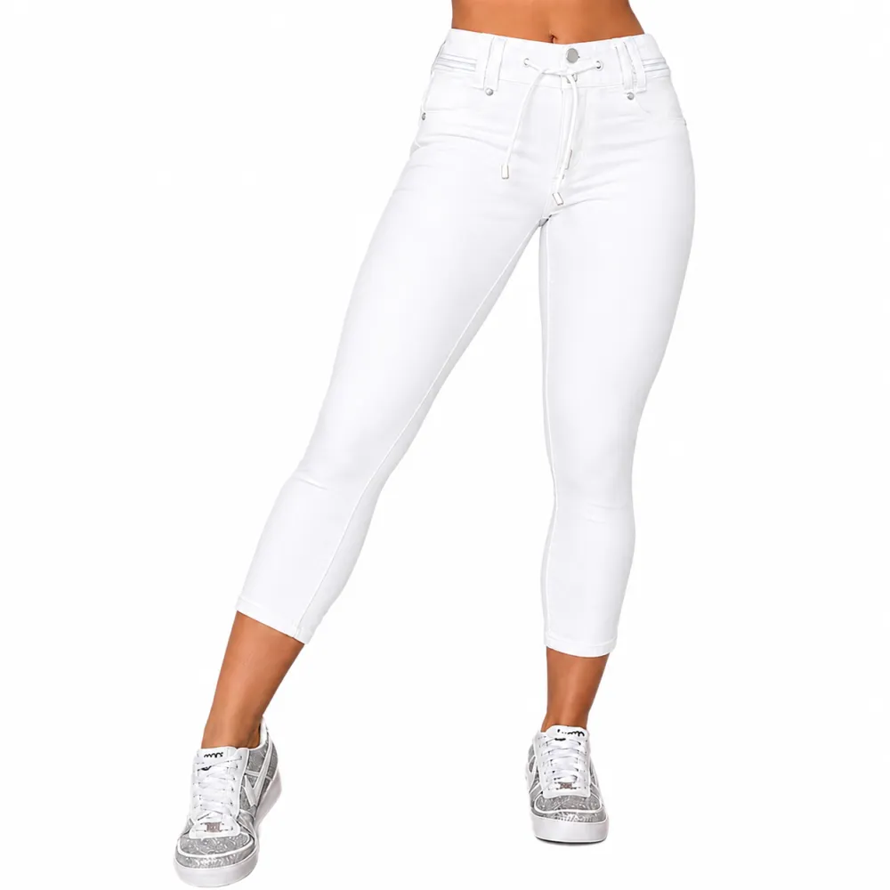 🔥Flash Sale⚡️Wash Contrast Binding Double Button Drawstring Mid Waist Capri Jeans Fit Pants High Stretch Women's Bottoms Streetwear Style