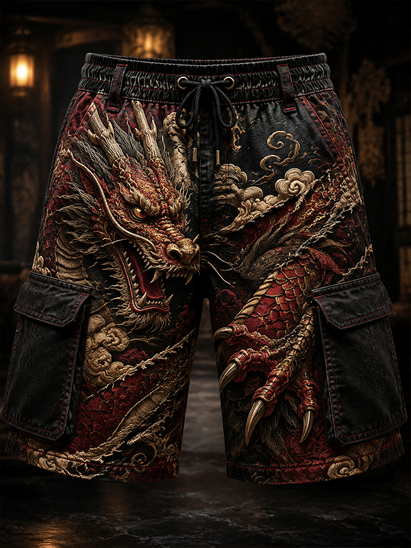 Men's The Legend Of The Giant Dragon Art Print Drawstring Waist Casual Shorts