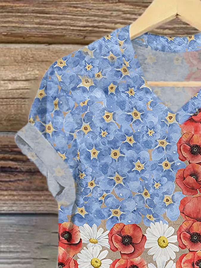 V-Neck Retro Independence Day Patriotic Flower Myosotis & Poppy Print T-Shirt