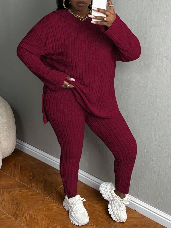 [Plus Size]Women's Two-Piece Set Solid Textured Ribbed Drop Shoulder Hoodie & Elastic Waist Pants, Casual Fashion Cozy Ribbed Outfits