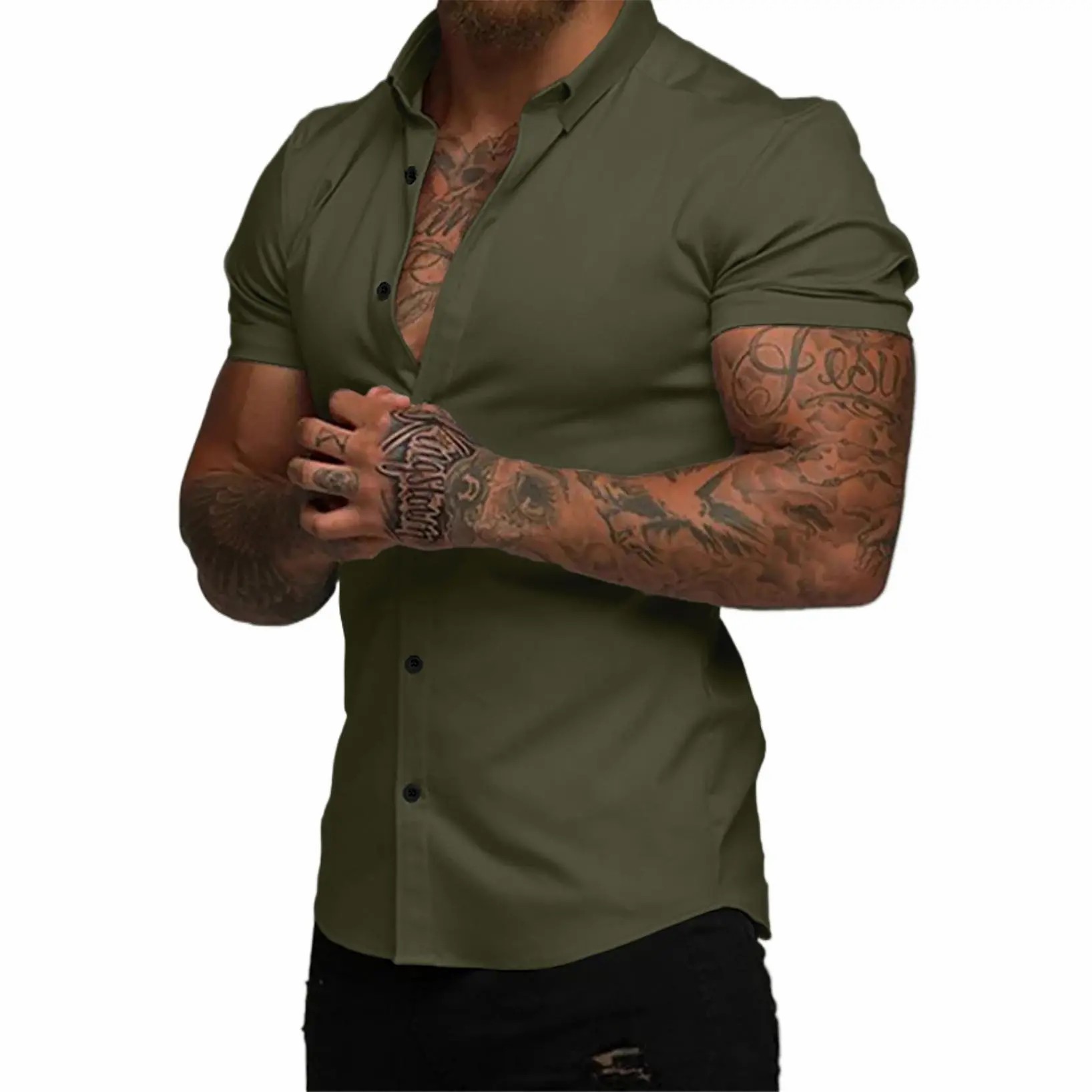 Men's Muscle Fit Short Sleeve Dress Shirt – 4-Way Stretch, Wrinkle-Free, Casual Button Down